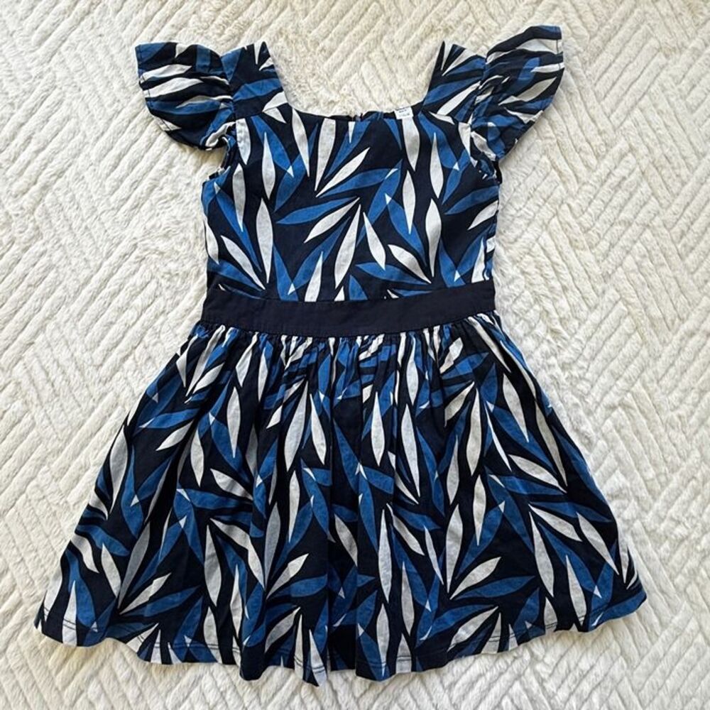 Okaidi Girls Size 5Y Blue Leaf Print Dress Flutter Sleeve Lined Cotton